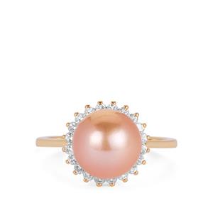 Naturally Papaya Pearl & White Topaz Gold Tone Sterling Silver Ring (9mm)