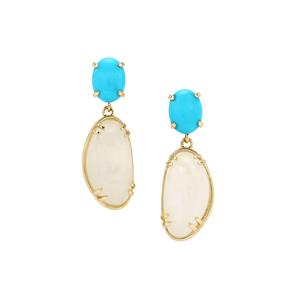 Sleeping Beauty Turquoise & Rainbow Moonstone 9K Gold Earrings ATGW 12.50cts