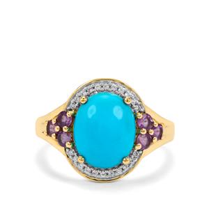 Sleeping Beauty Turquoise, Bahia Amethyst & White Zircon 9K Gold Ring ATGW 3.15cts