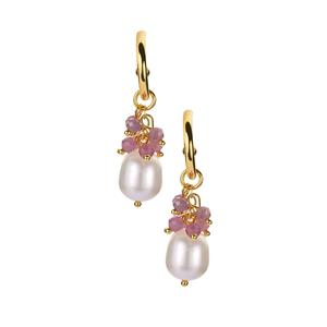 Kaori Cultured Pearl Earrings with Ruby in Gold Tone Sterling Silver 