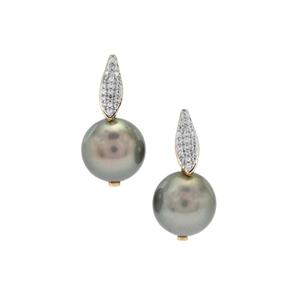 Tahitian Cultured Pearl & White Zircon 9K Gold Earrings (11mm)