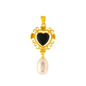 Black Spinel & Freshwater Cultured Pearl Gold Tone Sterling Silver Pendant (10x8mm)