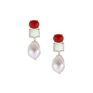 'The Marilyn' Red Agate, Rose Quartz & Baroque Cultured Pearl Gold Tone Sterling Silver Earrings 