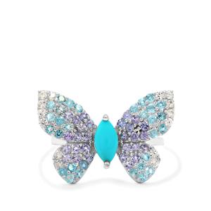 Sleeping Beauty Turquoise & Multi-Gemstone Sterling Silver Butterfly Ring ATGW 1.70cts