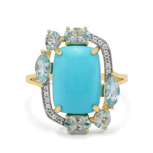 Sleeping Beauty Turquoise, Santa Maria Aquamarine & White Zircon 9K Gold Ring ATGW 5.90cts