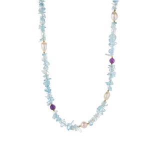 Aquamarine, Bahia Amethyst & Freshwater Cultured Pearl Gold Tone Sterling Silver Necklace
