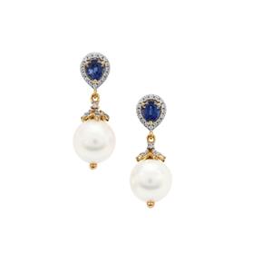 'The Regal Pearl Earrings' South Sea Cultured Pearl, Nilamani & White Zircon Earrings 9K Gold (9mm)