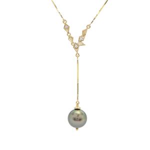 Tahitian Cultured Pearl & White Zircon 9K Gold Necklace (11mm)