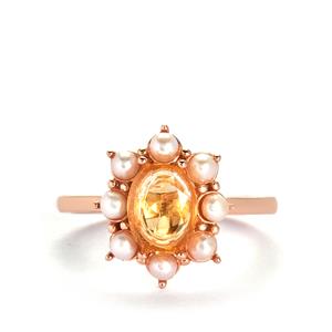 Rio Golden Citrine & Kaori Cultured Pearl Rose Gold Tone Sterling Silver Ring 