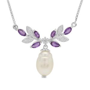 South Sea Cultured Pearl, Bahia Amethyst & White Zircon Sterling Silver Necklace (8mm)