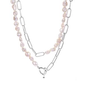 Baroque Cultured Pearl (6x8mm) Sterling Silver T-Bar Necklace 