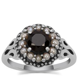Black Spinel Ring with Akoya Cultured Pearl in Sterling Silver (2mm)