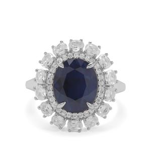 Madagascan Blue Sapphire & White Zircon Sterling Silver Ring ATGW 5.95cts