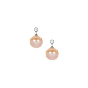 Edison Naturally Peach Cultured Pearl (10mm) & White Topaz Rhodium Plated Sterling Silver Earrings 