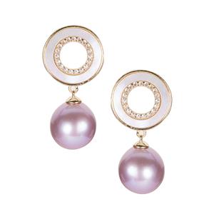 Natural Lavender Cultured Pearl, Mother of Pearl & White Topaz Gold Tone Sterling Silver Earrings 