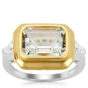 Prasiolite Ring with White Zircon in Two Tone Yellow Gold Plated Sterling Silver 3.76cts