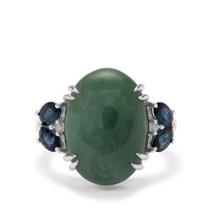 Burmese Jade, Australian Blue Sapphire & White Zircon Sterling Silver Ring ATGW 14.45cts