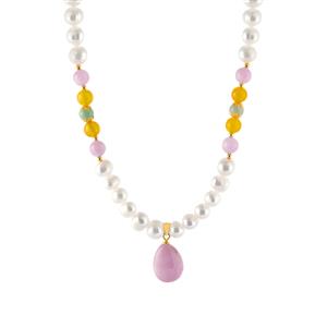 Freshwater Cultured Pearl & Multi Gemstone Gold Tone Sterling Silver Necklace (5 to 7mm)