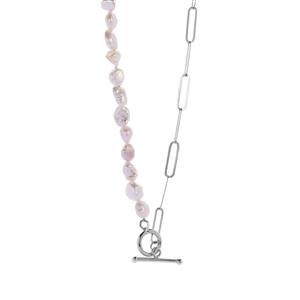 Baroque Cultured Pearl Sterling Silver T Bar Clasp Necklace  (8mm x 6mm)