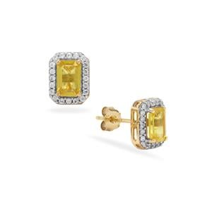 Yellow Sapphire & White Zircon 9K Gold Earrings ATGW 1.70cts