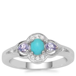 Sleeping Beauty Turquoise, Tanzanite Ring with White Zircon in Sterling Silver 1cts