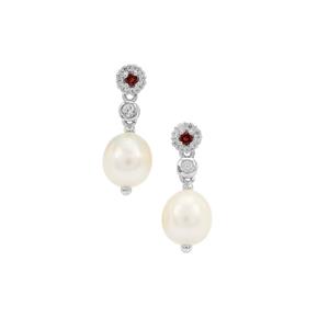 South Sea Cultured Pearl, Rhodolite Garnet & White Zircon Sterling Silver Earrings 
