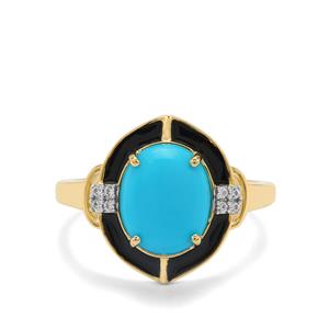 Sleeping Beauty Turquoise & White Zircon 9K Gold Ring with Black Enameling ATGW 2.15cts 
