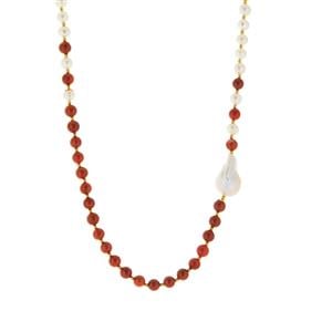 Baroque Freshwater Cultured Pearl, Freshwater Cultured Pearl & Nanhong Agate Gold Tone Sterling Silver Necklace