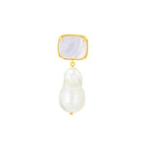 Blue Lace Agate & Baroque Freshwater Cultured Pearl Gold Tone Sterling Silver Pendant (10x20mm)