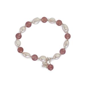  Strawberry Quartz & Kaori Cultured Pearl Sterling Silver Stretchable Bracelet