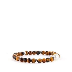 Yellow Tiger's Eye & Kaori Cultured Pearl Stretchable Bracelet with Sterling Silver