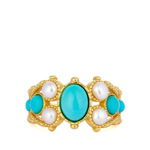 Natural Turquoise & Kaori Cultured Pearl Gold Tone Sterling Silver Ring 