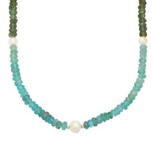 Freshwater Pearl & Neon, Blue, Green Apatite Sterling Silver Necklace (5 to 6 MM)