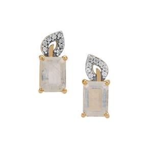 Natural Moonstone & White Zircon 9K Gold Earrings ATGW 2.10cts