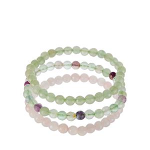 152.50cts Rose Quartz, Green Aventurine & Multi-Colour Fluorite Set of Stretchable Bracelets