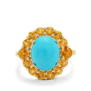 Sleeping Beauty Turquoise & Spessartite Garnet 9K Gold Ring ATGW 6.55cts