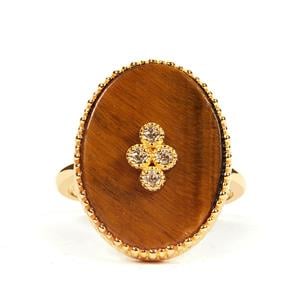 Yellow Tiger's Eye & White Zircon Gold Tone Sterling Silver Ring ATGW 7.69cts