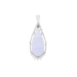 Blue Lace Agate, Blue Diamond Pendant with White Zircon in Sterling Silver 14.64cts