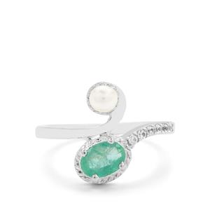 Zambian Emerald, Kaori Cultured Pearl & White Zircon Sterling Silver Ring 