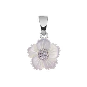Mother of Pearl Flower Pendant with White Zircon in Sterling Silver 
