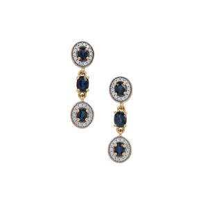 Natural Nigerian Blue Sapphire & White Zircon 9K Gold Earrings ATGW 2cts   