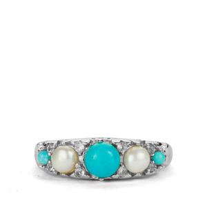 Turquoise, Kaori Cultured Pearl & White Topaz Sterling Silver Ring