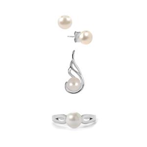Kaori Freshwater Cultured Pearl Sterling Silver Set of Pendant, Earrings and Ring