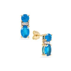 Vivid Blue Apatite & White Zircon 9K Gold Earrings ATGW 1.45cts