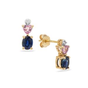 Blue, Pink Sapphire & White Zircon 9K Gold Earrings ATGW 1ct