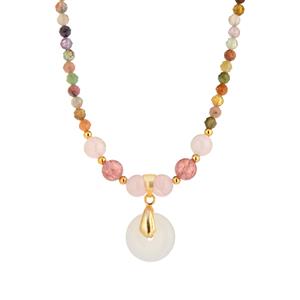 Khotan Mutton Fat Jade and Multi Gemstone Gold Tone Sterling Silver Necklace ATGW 53.50cts