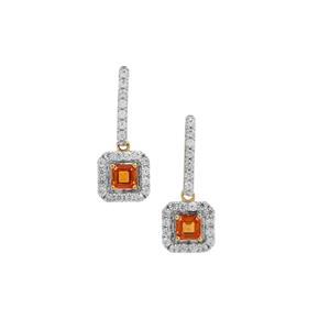 Asscher Cut Songea Orange Sapphire & White Zircon 9K Gold Earrings ATGW 1.90cts