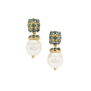 South Sea Cultured Pearl & Australian Teal Sapphire 9K Gold Earrings (9mm)
