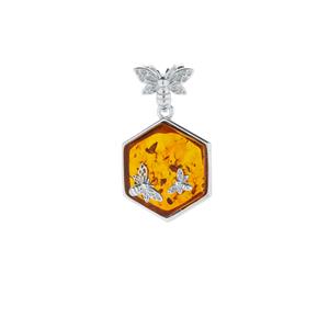 Baltic Cognac Amber Sterling Silver Bees Pendant (17x15mm)