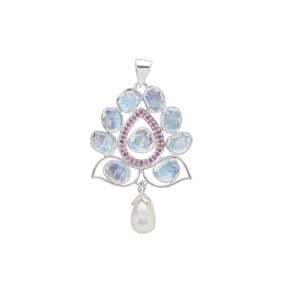 Rainbow Moonstone, Burmese Ruby Pendant with Kaori Cultured Pearl in Sterling Silver